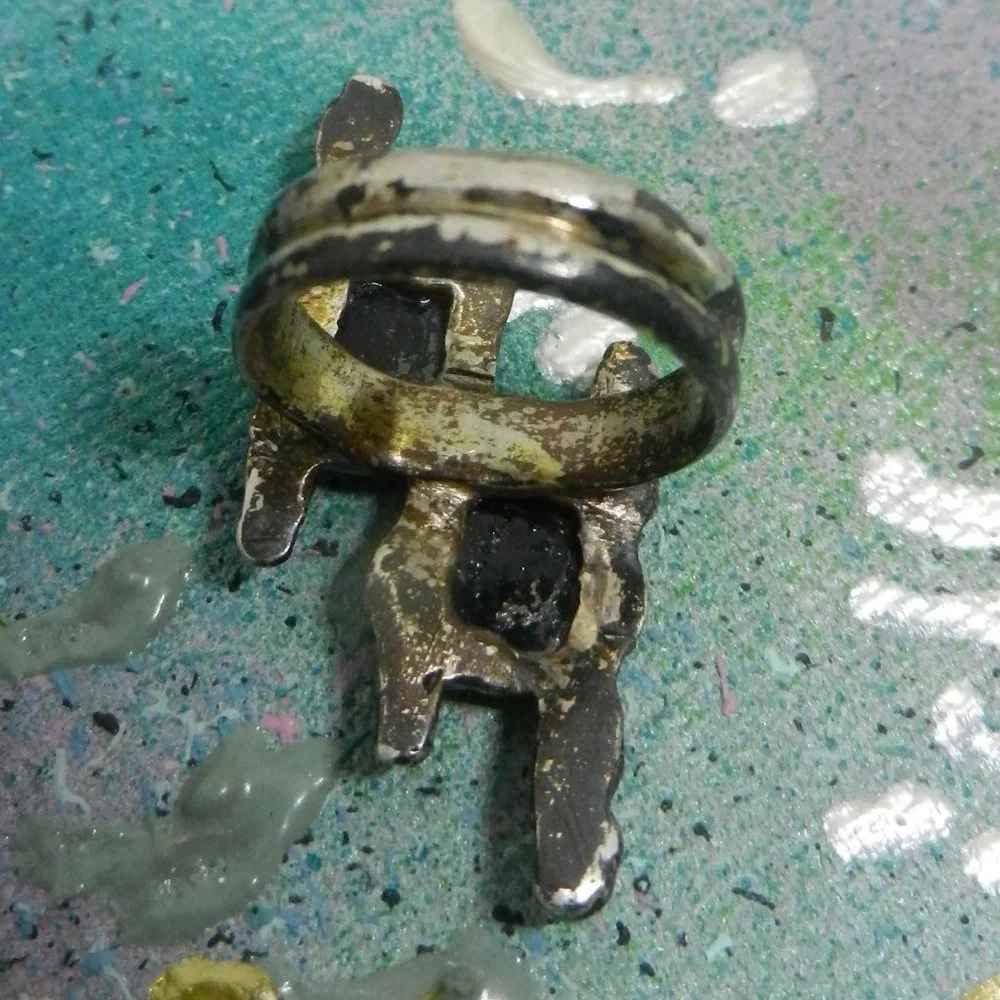 VTG artisan pewter black ring silvery statement ebony shiny bohemian size 12
